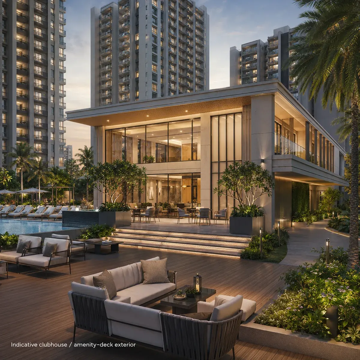 Puravankara Sarjapur Road indicative clubhouse render opening onto the amenity precinct and pool deck