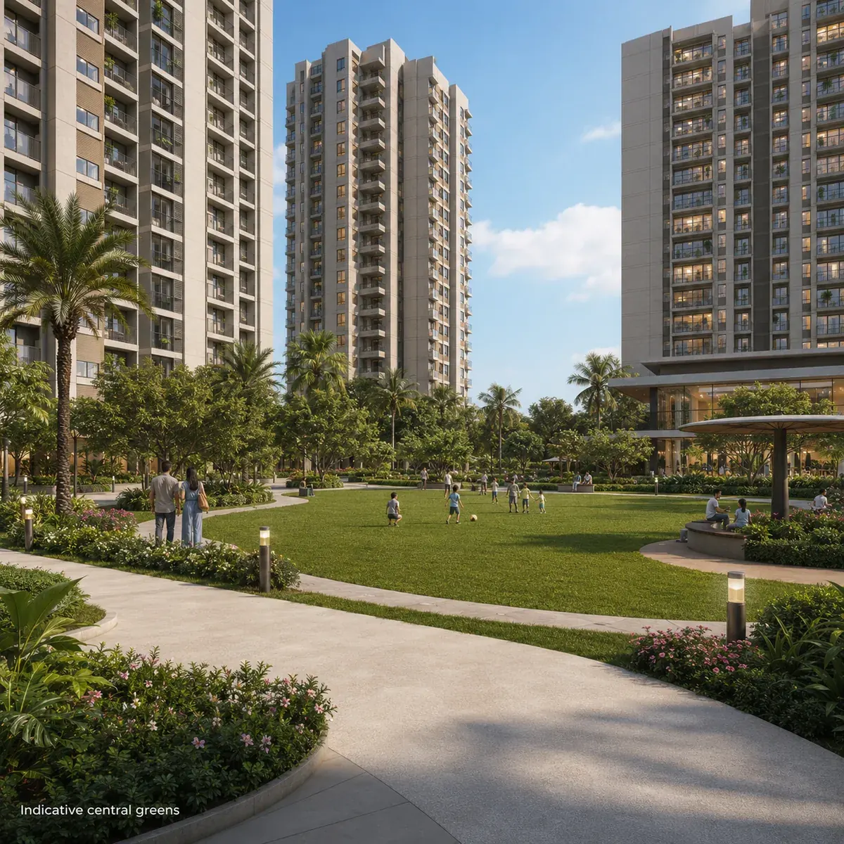 Puravankara Sarjapur Road indicative landscaped gardens with walkways and seating courts threading between the towers
